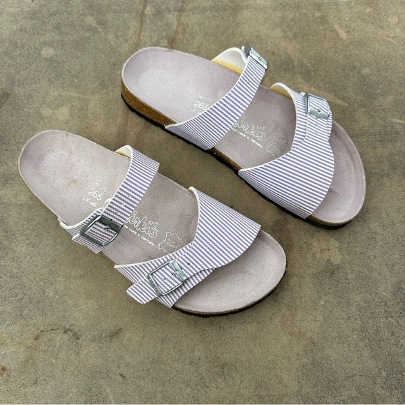 Birkenstock Birki’s Aziza Purple & White Stripe 2 Strap Sandals US 10-10.5 NEW - Picture 1 of 8